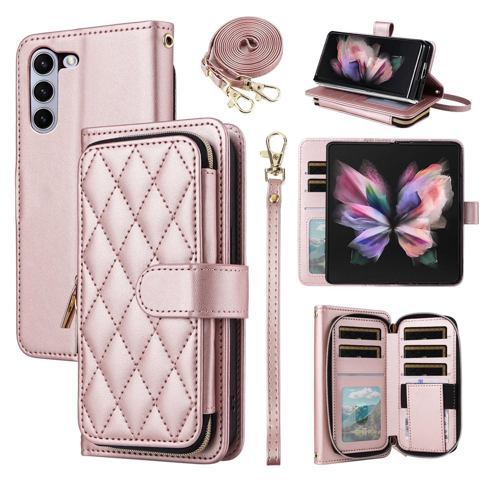 Furiet Argyle Wallet Case for Samsung Galaxy Z Fold 6 5G 2024 with Wrist/Shoulder Strap Card Slot Zipper Purse Luxury PU Leather Stand Cell Phone Cover for ZFold6 Z6 G Fold6 6Z Girls Rose Gold