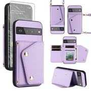 ELISORLI Luxury Wallet Case for Google Pixel 6 Pro with Tempered Glass Card Slots Thin Slim Flip Purse & Shoulder Strap, Card Holder Stand Phone Cover for Pixel6Pro Pixel6 XL 6XL Pixle 6Pro 5G Purple