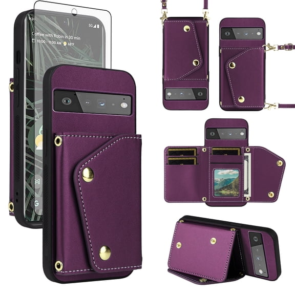 ELISORLI Luxury Wallet Case for Google Pixel 6 Pro & Tempered Glass Card Slots Thin Slim Flip Purse Shoulder Strap, Card Holder Stand Phone Cover for Pixel6Pro Pixel6 XL 6XL Pixle 6Pro 5G Deep Purple