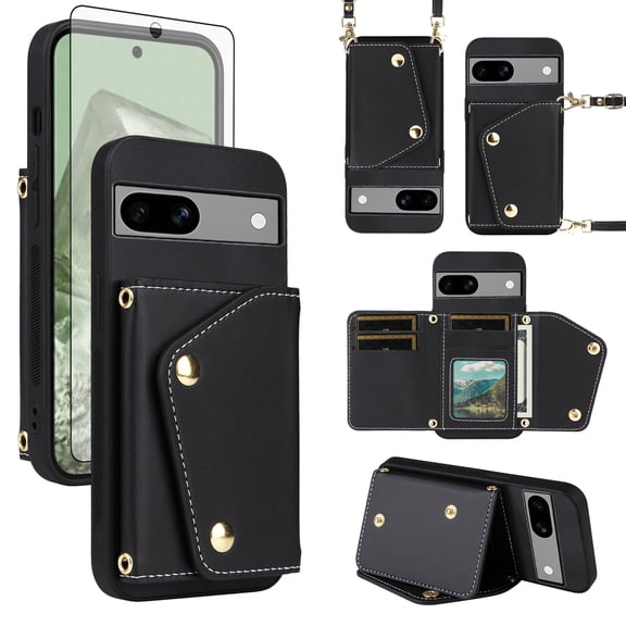 ELISORLI Luxury Wallet Case for Google Pixel 7 5G with Tempered Glass Card Slot Thin Slim Flip Purse & Shoulder Strap, PU Leather Credit Card Holder Stand Phone Cover for Pixel7 Pixle Seven 6.3 Black