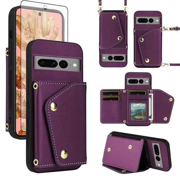 ELISORLI Luxury Wallet Case for Google Pixel 8 5G with Tempered Glass Screen Protector Card Slots Slim Flip Purse Shoulder Strap, PU Leather Card Holder Stand Phone Cover for Pixel8 Eight Deep Purple