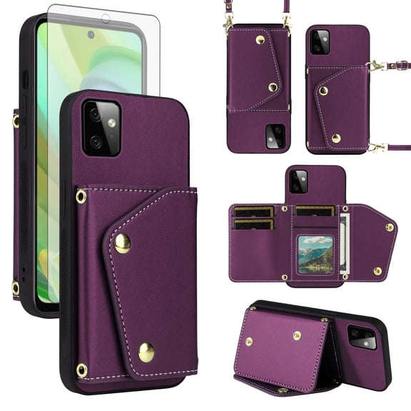 ELISORLI Luxury Wallet Case for Motorola Moto G Power 5G 2023 & Tempered Glass Screen Protector Card Slots Thin Slim Flip Purse Shoulder Strap, Card Holder Stand Phone Cover for GPower G5 Deep Purple