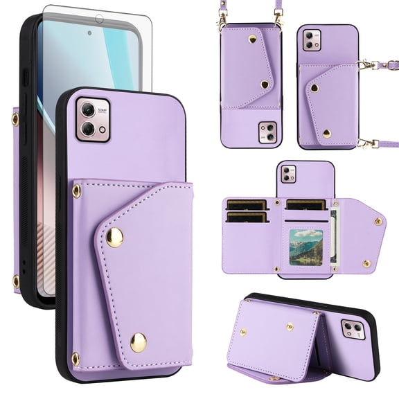 ELISORLI Luxury Wallet Case for Motorola Moto G Stylus 4G 2023 with Tempered Glass Card Slots Thin Slim Flip Purse & Shoulder Strap, Card Holder Stand Phone Cover for GStylus XT2317-1 XT2317-2 Purple