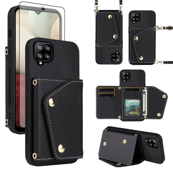 ELISORLI Luxury Wallet Case for Samsung Galaxy A12/M12 with Tempered Glass Card Slots Thin Slim Flip Purse & Shoulder Strap, PU Leather Card Holder Stand Phone Cover for A 12 5G A-12 S12 12A 4G Black