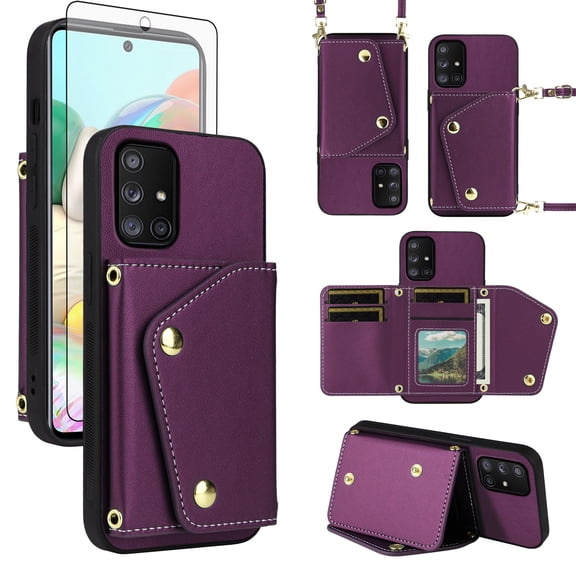 ELISORLI Luxury Wallet Case for Samsung Galaxy A51 5G/A 51 5G UW Verizon with Screen Protector Card Slots Thin Slim Flip Purse Shoulder Strap, Card Holder Stand Phone Cover for 51A G5 S51 Deep Purple
