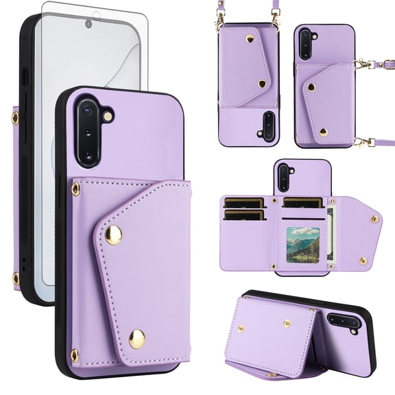 ELISORLI Luxury Wallet Case for Samsung Galaxy Note 10 5G with Tempered Glass Card Slots Thin Slim Flip Purse & Shoulder Strap, Card Holder Stand Phone Cover for Note10 Notes 10s Ten Not S10 Purple