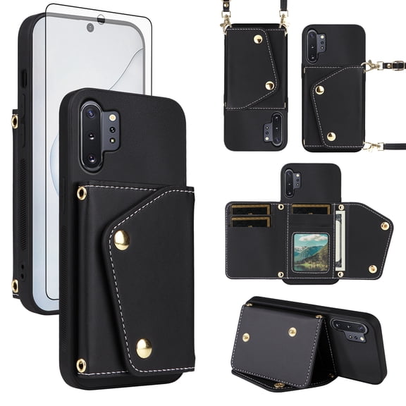 ELISORLI Luxury Wallet Case for Samsung Galaxy Note 10 Plus Note10+ 5G with Tempered Glass Flip Purse & Shoulder Strap, Card Holder Stand Phone Cover for Note10 + Notes 10+ Ten Not S10 10Plus Black