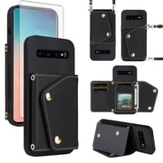 ELISORLI Luxury Wallet Case for Samsung Galaxy S10 Plus with Tempered Glass Card Slots Thin Slim Flip Purse & Shoulder Strap, Card Holder Stand Phone Cover for S10+ S10plus 10S Edge S 10 10plus Black