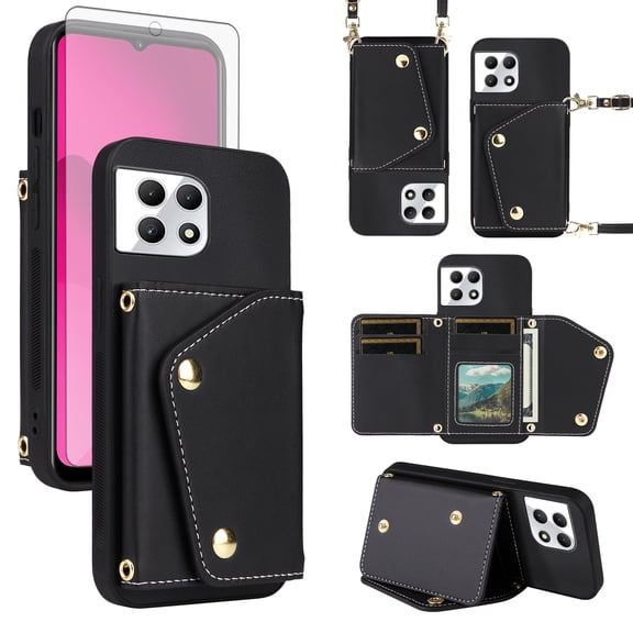 ELISORLI Luxury Wallet Case for T-Mobile Revvl 7 5G with Tempered Glass Card Slots Flip Purse & Shoulder Strap, Card Holder Stand Phone Cover for Tmobile Revvl7 T Mobile Revel Tmo Revell Rebel Black