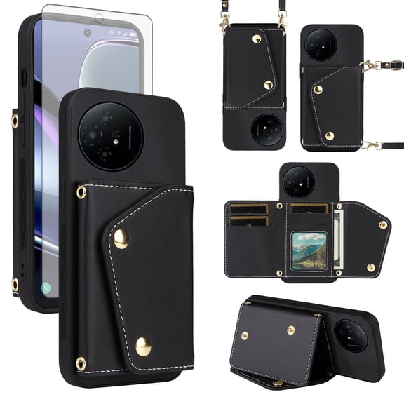 ELISORLI Luxury Wallet Case for TCL 50 XL 5G with Tempered Glass Screen Protector Card Slots Slim Flip Purse & Shoulder Strap, PU Leather Card Holder Stand Phone Cover for TCL50XL 50XL T702W Black