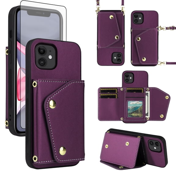 ELISORLI Luxury Wallet Case for iPhone 12 Mini 5.4 & Tempered Glass Card Slots Thin Slim Flip Purse Shoulder Strap, Card Holder Stand Phone Cover for iPhone12mini 5G i 12s iPhone12 12mini Deep Purple