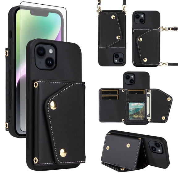 ELISORLI Luxury Wallet Case for iPhone 13 Mini 5.4 inch with Tempered Glass Slim Flip Purse & Shoulder Strap, Card Holder Stand Phone Cover for iPhone13mini i-Phone 13minicase i iPhone13 13mini Black