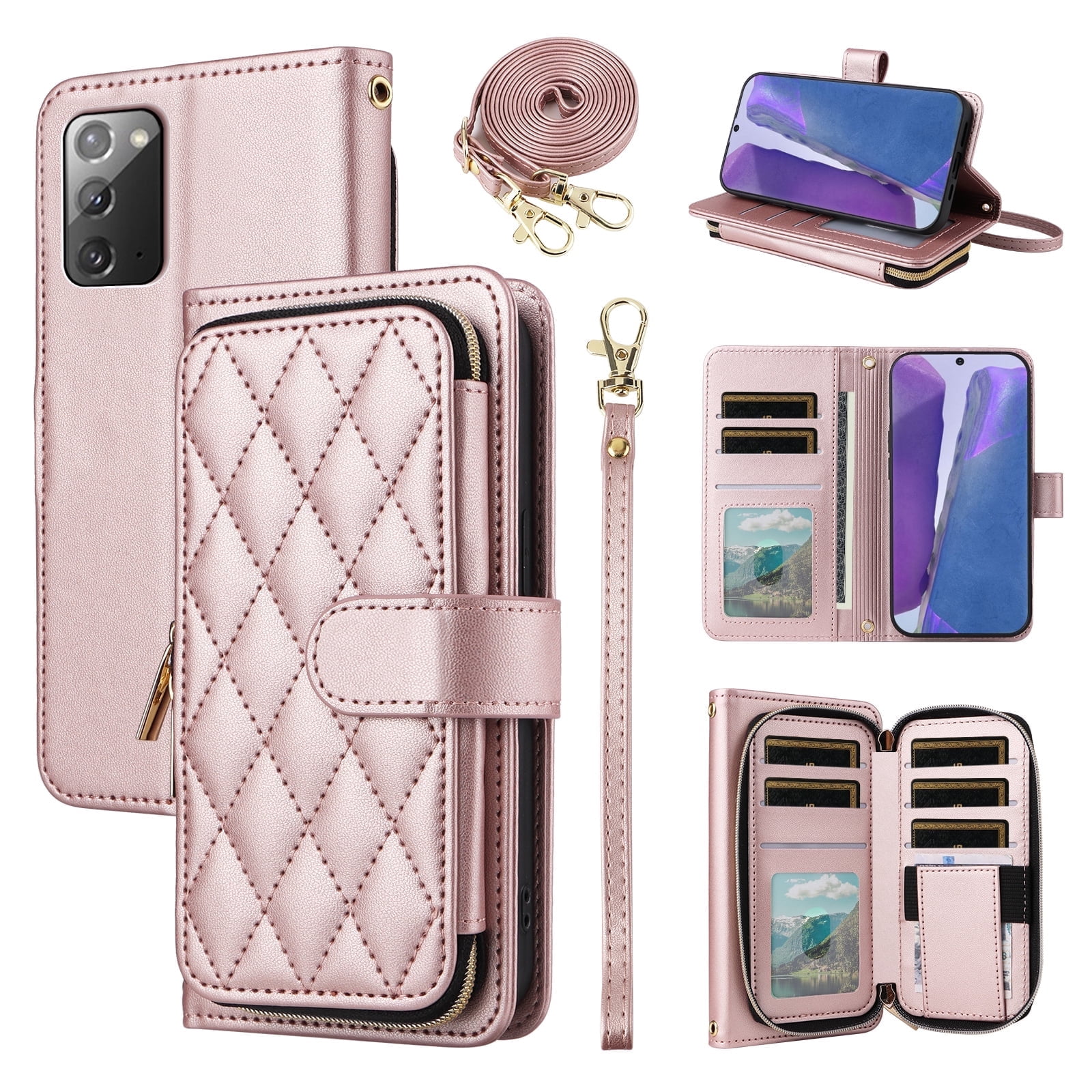 Furiet Wallet Case for Samsung Galaxy Note 20 5G with Wrist/Shoulder Strap, Card Slots Zipper Purse, Luxury PU Leather Stand Cell Phone Cover for Note20 Notes 20s Twenty Not S20 Women Rose Gold