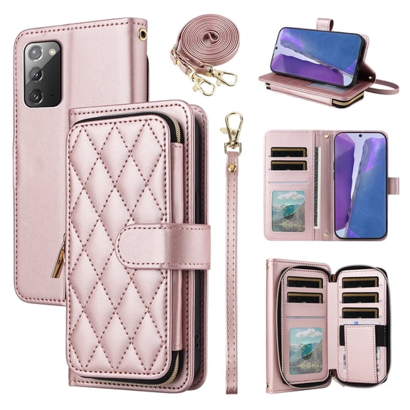 Furiet Wallet Case for Samsung Galaxy Note 20 5G with Wrist/Shoulder Strap, Card Slots Zipper Purse, Luxury PU Leather Stand Cell Phone Cover for Note20 Notes 20s Twenty Not S20 Women Rose Gold