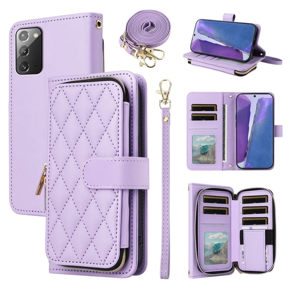 Furiet Wallet Case for Samsung Galaxy Note 20 5G with Wrist Strap, Shoulder Strap, Card Slots Zipper Purse, Luxury PU Leather Stand Cell Phone Cover for Note20 Notes 20s Twenty Not S20 Women Purple