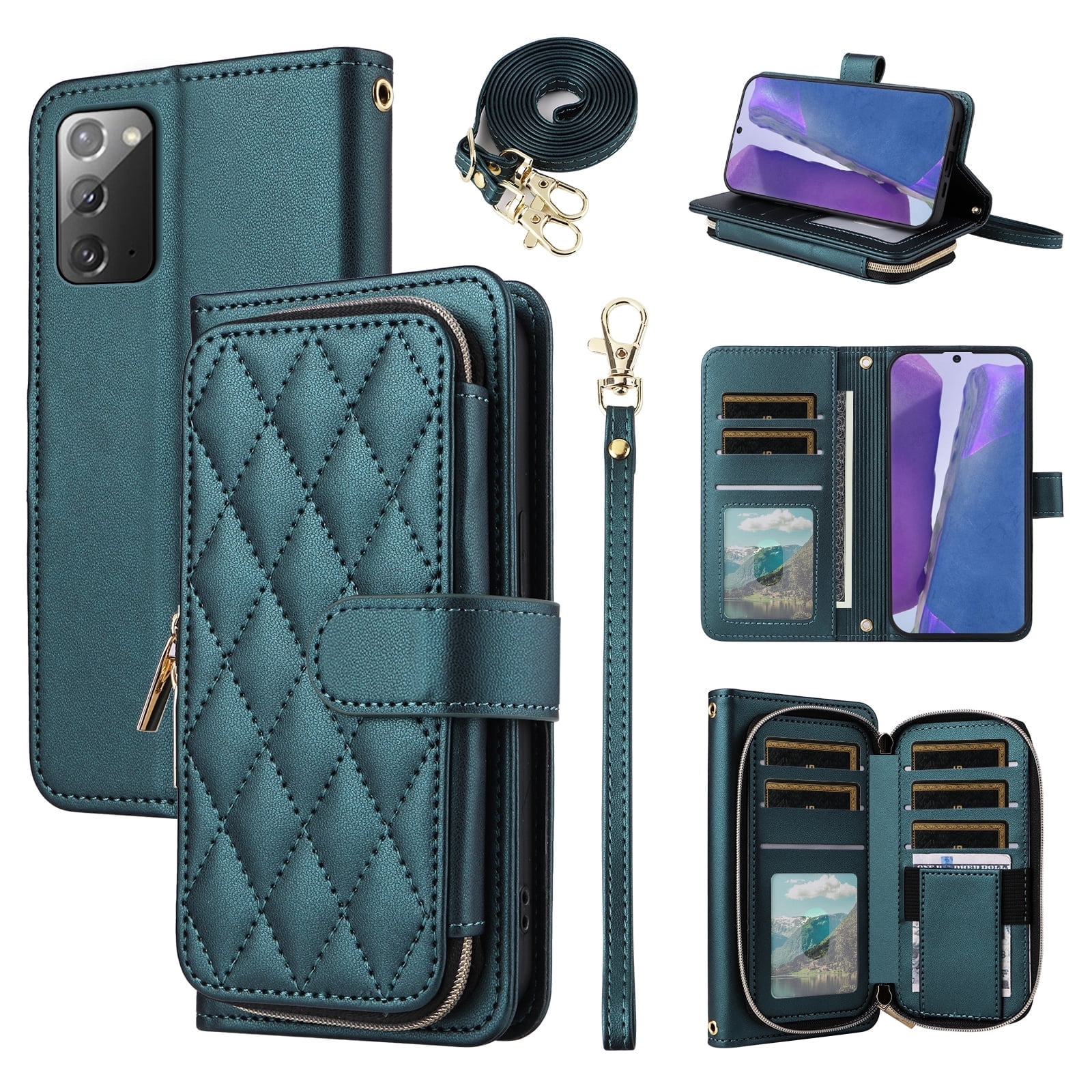 Furiet Wallet Case for Samsung Galaxy Note 20 5G with Wrist Strap, Shoulder Strap, Card Slots Zipper Purse, Luxury PU Leather Stand Cell Phone Cover for Note20 Notes 20s Twenty Not S20 Women Green