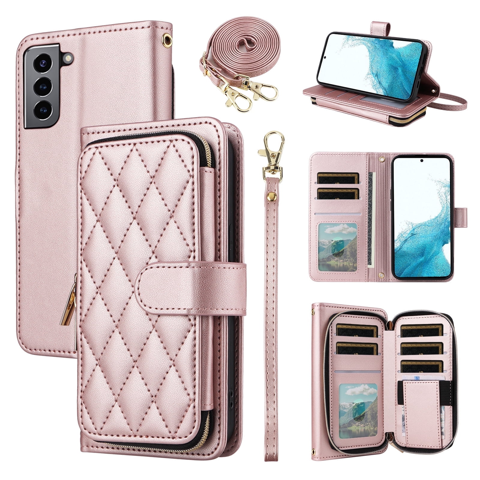 Furiet Wallet Case for Samsung Galaxy S21 Plus S21+ 5G with Wrist Strap, Shoulder Strap, Card Slots Zipper Purse, Leather Stand Cell Phone Cover for S21+5G S21plus 21S + S 21 21+ G5 Women Rose Gold