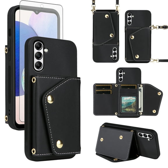 ELISORLI Wallet Case for Samsung Galaxy S26 Plus S26 5G with Screen Protector Card Slots Thin Slim Flip Purse Shoulder Strap, Card Holder Stand Phone Cover for S 26 26 S26Plus 26S SM-S947U Black