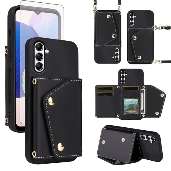 Furiet Wallet Case for Samsung Galaxy S26 Plus S26  5G with Screen Protector Card Slots Thin Slim Flip Purse Shoulder Strap, Card Holder Stand Phone Cover for S 26   26  S26Plus 26S SM-S947U Black