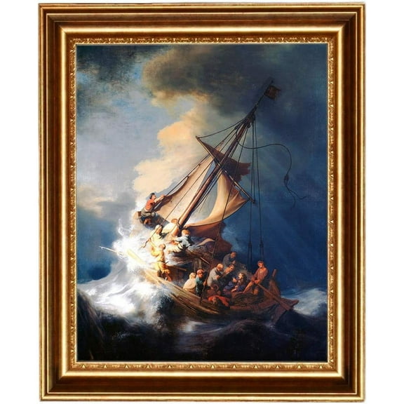 ELITEART-Christ in a Storm on the Sea of Galilee By the Dutch Golden Age painter Rembrandt van Rijn Oil Painting Reproduction Giclee Wall Art Canvas Prints Framed Size:22"x17"