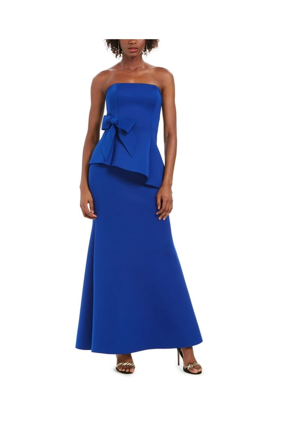 Womens Blue Ruffled Sleeveless Strapless Full-Length Evening Shift Dress Petites 8P