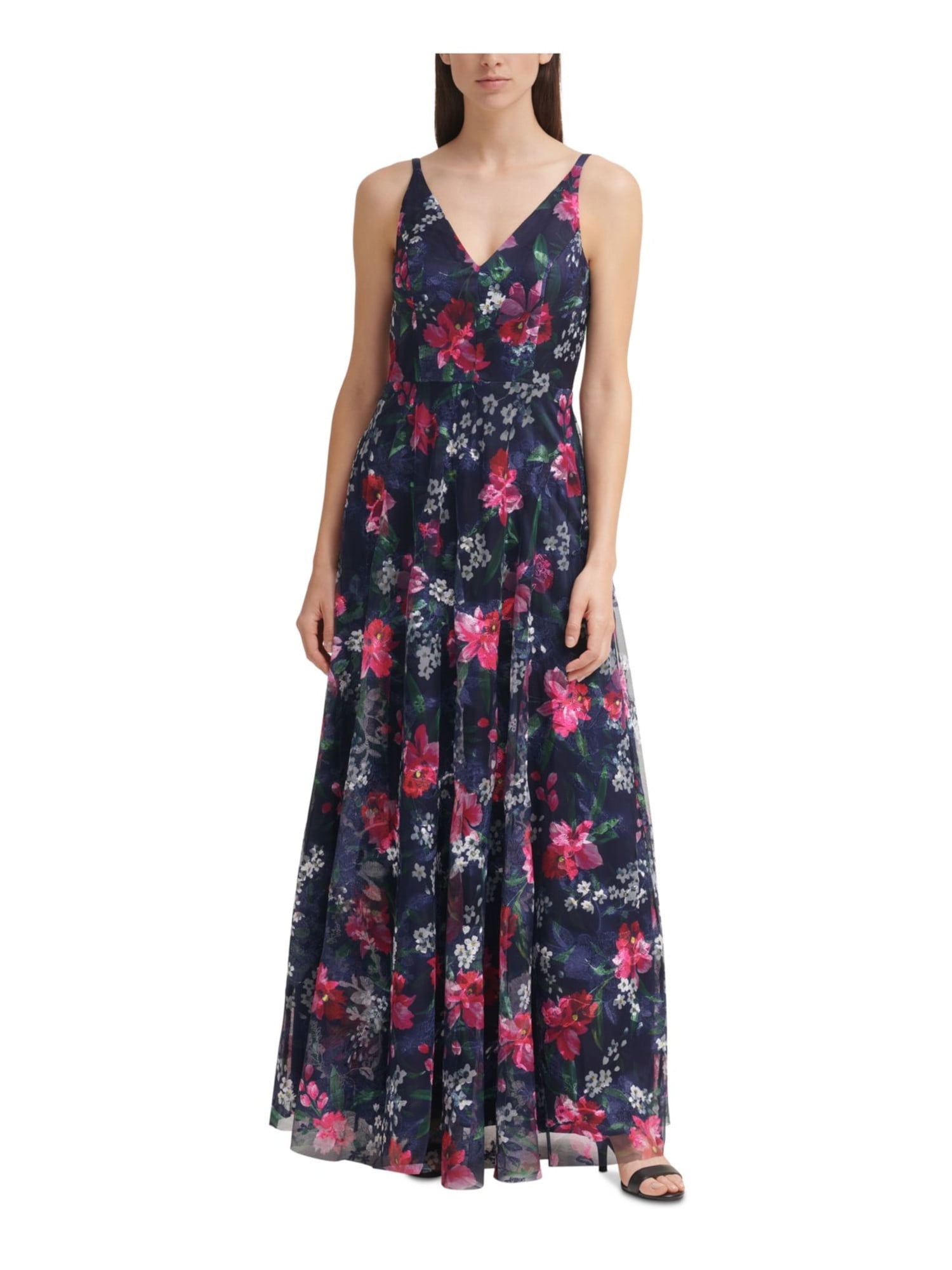 ELIZA J Womens Navy Embroidered Zippered Lined Floral Sleeveless V Neck Full Length Party Gown Dress 6
