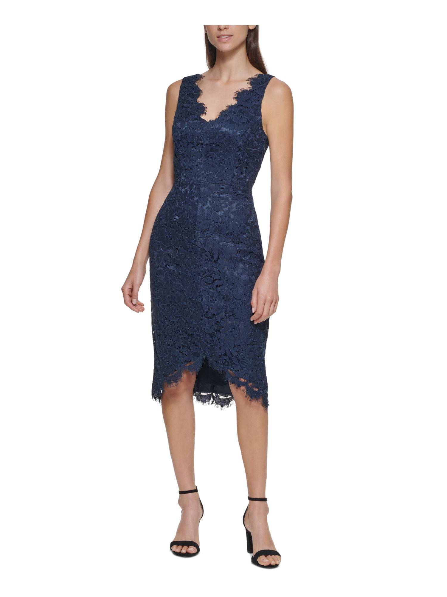 ELIZA J Womens Navy Lace Zippered Frayed Trim Lined Floral Sleeveless V Neck Below The Knee Formal Hi Lo Dress 8