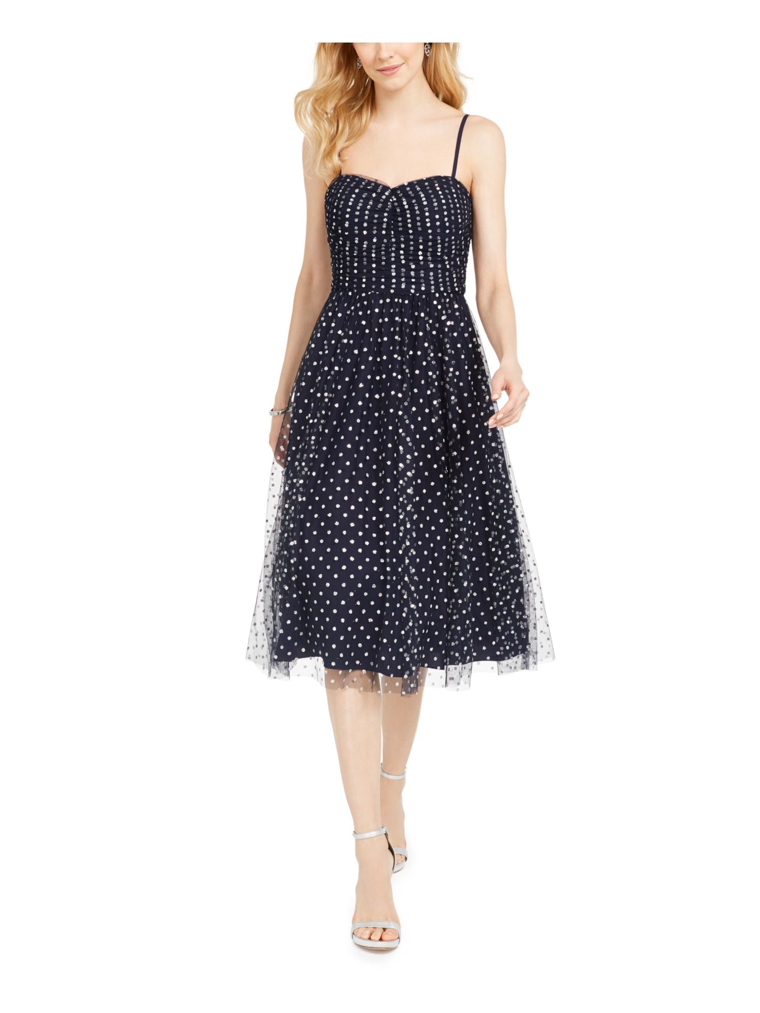 ELIZA J Womens Navy Spaghetti Strap Sweetheart Neckline Below The Knee Party A Line Dress 10 Walmart