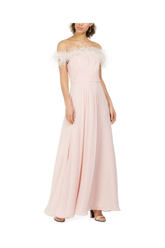Womens Pink Pleated Faux-feather Off Shoulder Full-Length Evening Dress Petites 12P
