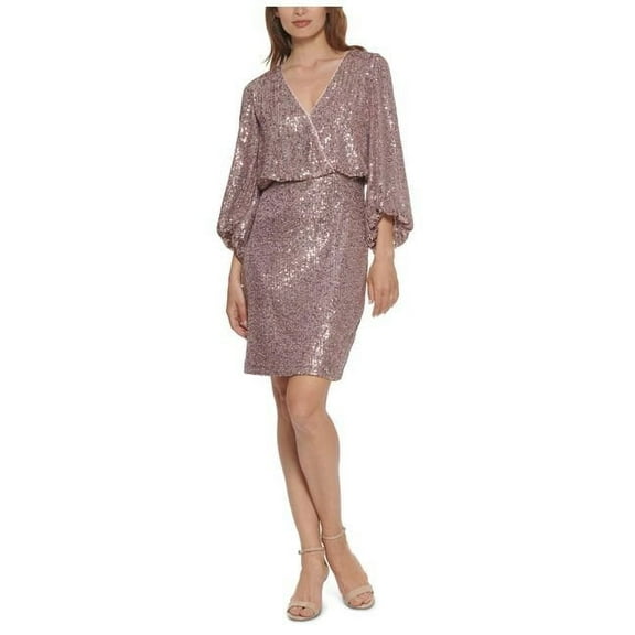 ELIZA J Womens Pink Stretch Sequined Zippered Lined Balloon Sleeve Surplice Neckline Short Evening Sheath Dress 2