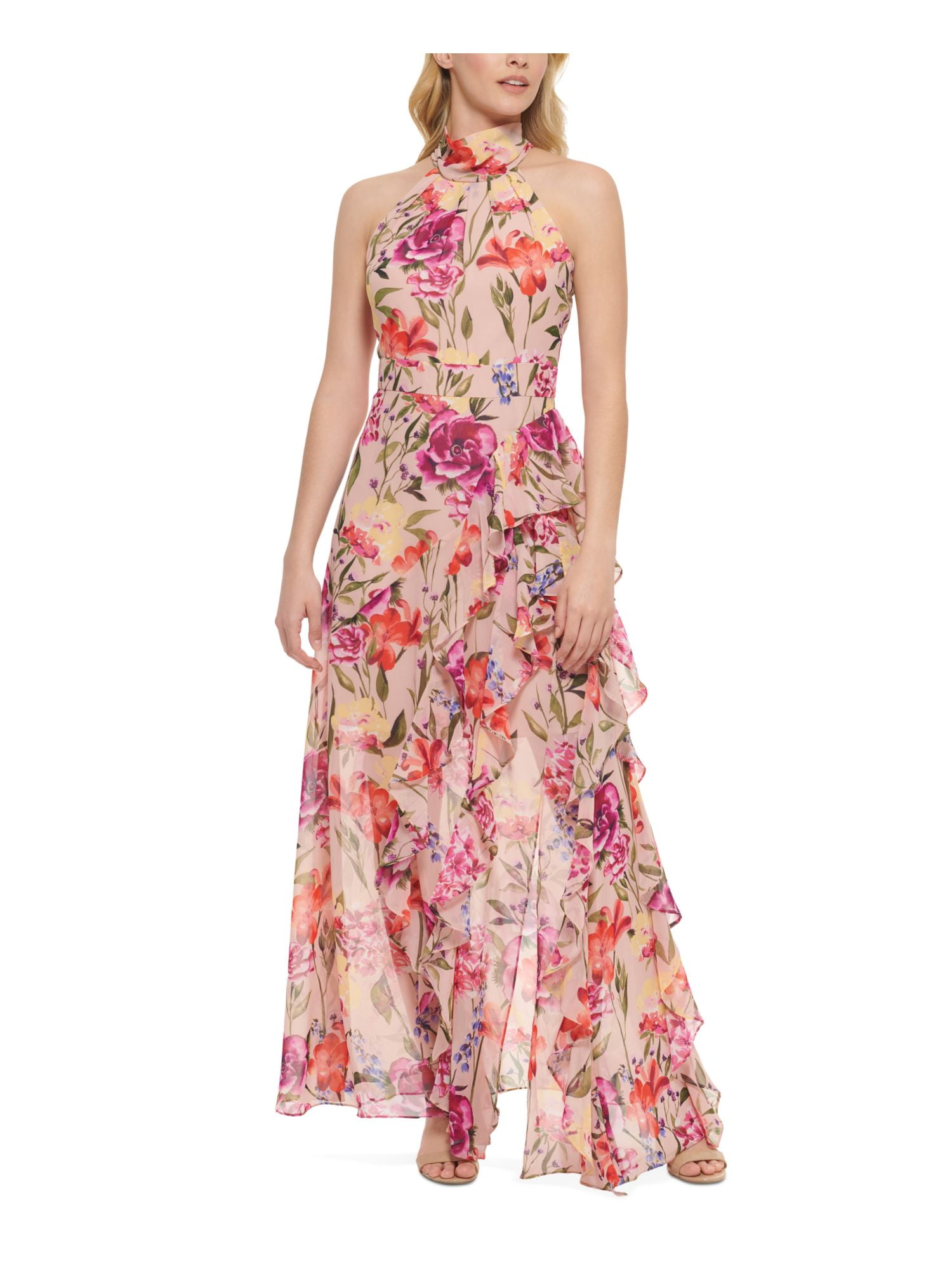 ELIZA J Womens Pink Zippered Ruffled Tie Closure At Back Floral Sleeveless  Halter Maxi Party Fit + Flare Dress 14 - Walmart.com
