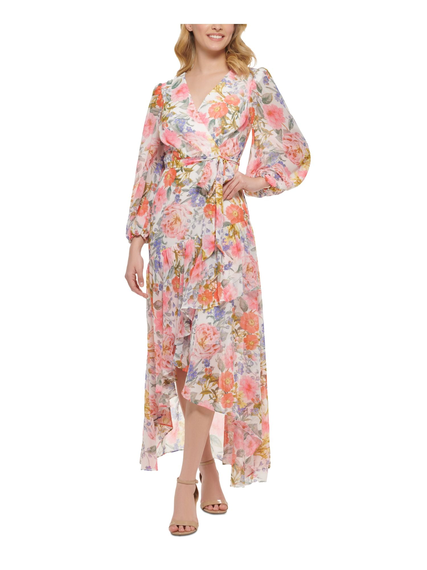 ELIZA J Womens Pink Zippered Sheer Lined Tie Belt Ruffled Pleated Floral  Blouson Sleeve Surplice Neckline Maxi Hi-Lo Dress 4 - Walmart.com