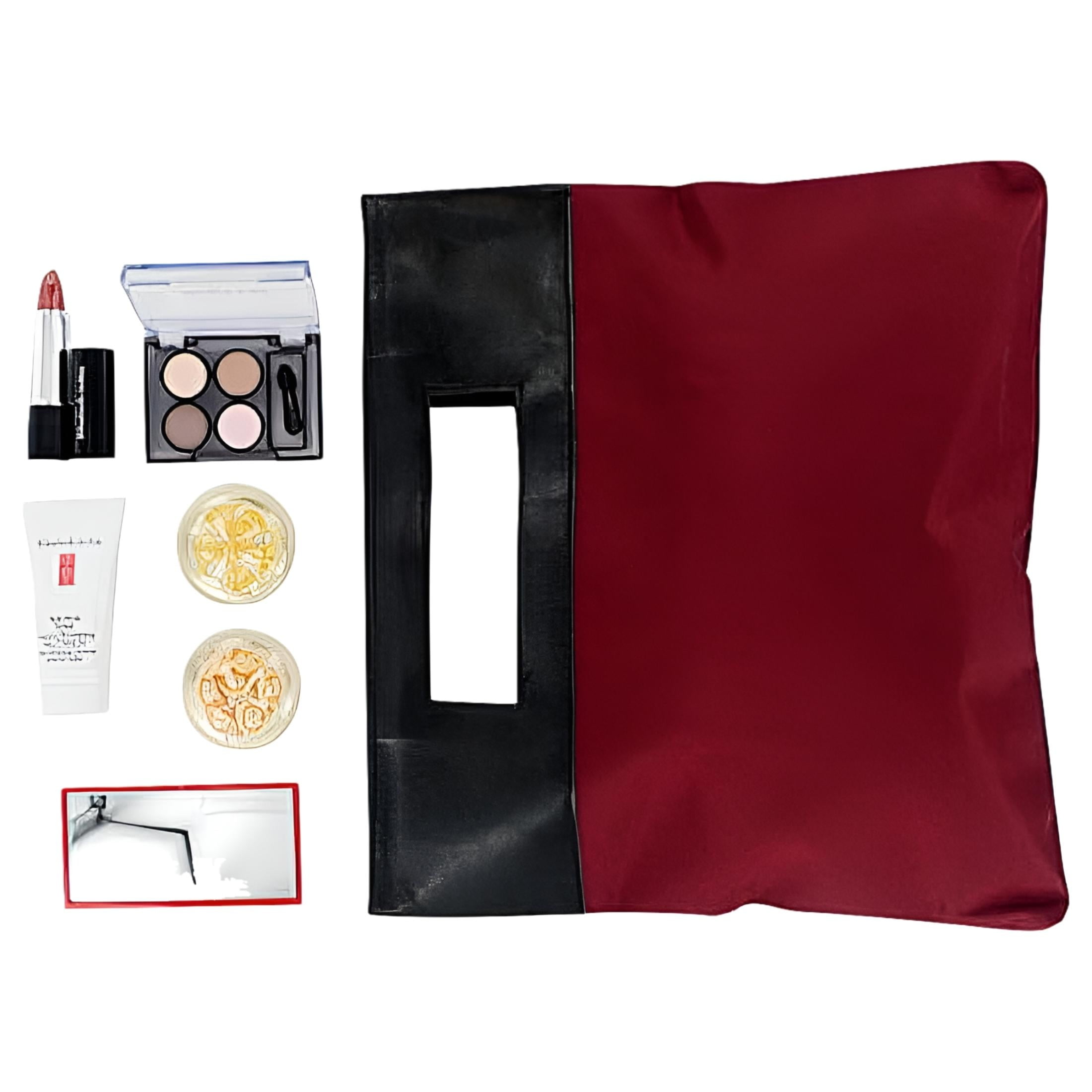 ELIZABETH ARDEN ELIZABETH ARDEN MINI MAKEUP SET IN BAG VALUE $48 IN BURGUNDY KHAKHI BAG