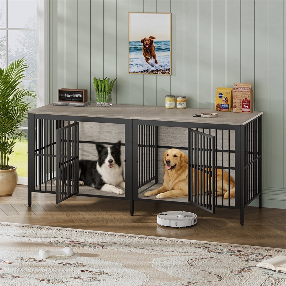80" Dog Crate Furniture,  Heavy Duty Double-Door Dog Indoor Kennel End Table for Decoration & Large Dogs, Gray
