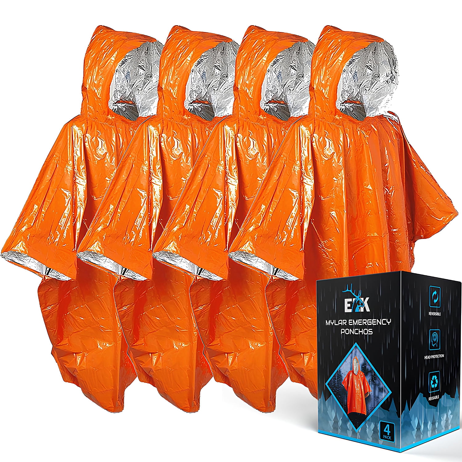 ELK Emergency Poncho 4-Pack - Heat Retention, Mylar Reversible