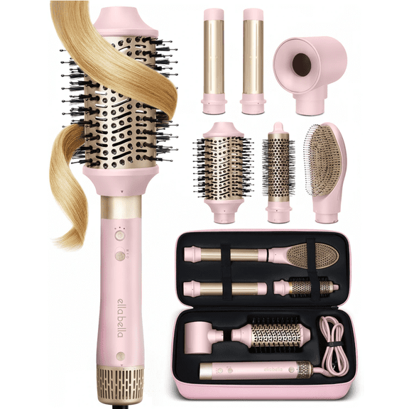 ELLA BELLA® 6 in 1 Professional Hot Air Styler • Powerful Hair Dryer & Straightener Set • Fast Drying Curling Volumizing Straightening Styling • Includes Protective Travel Case (Pink)