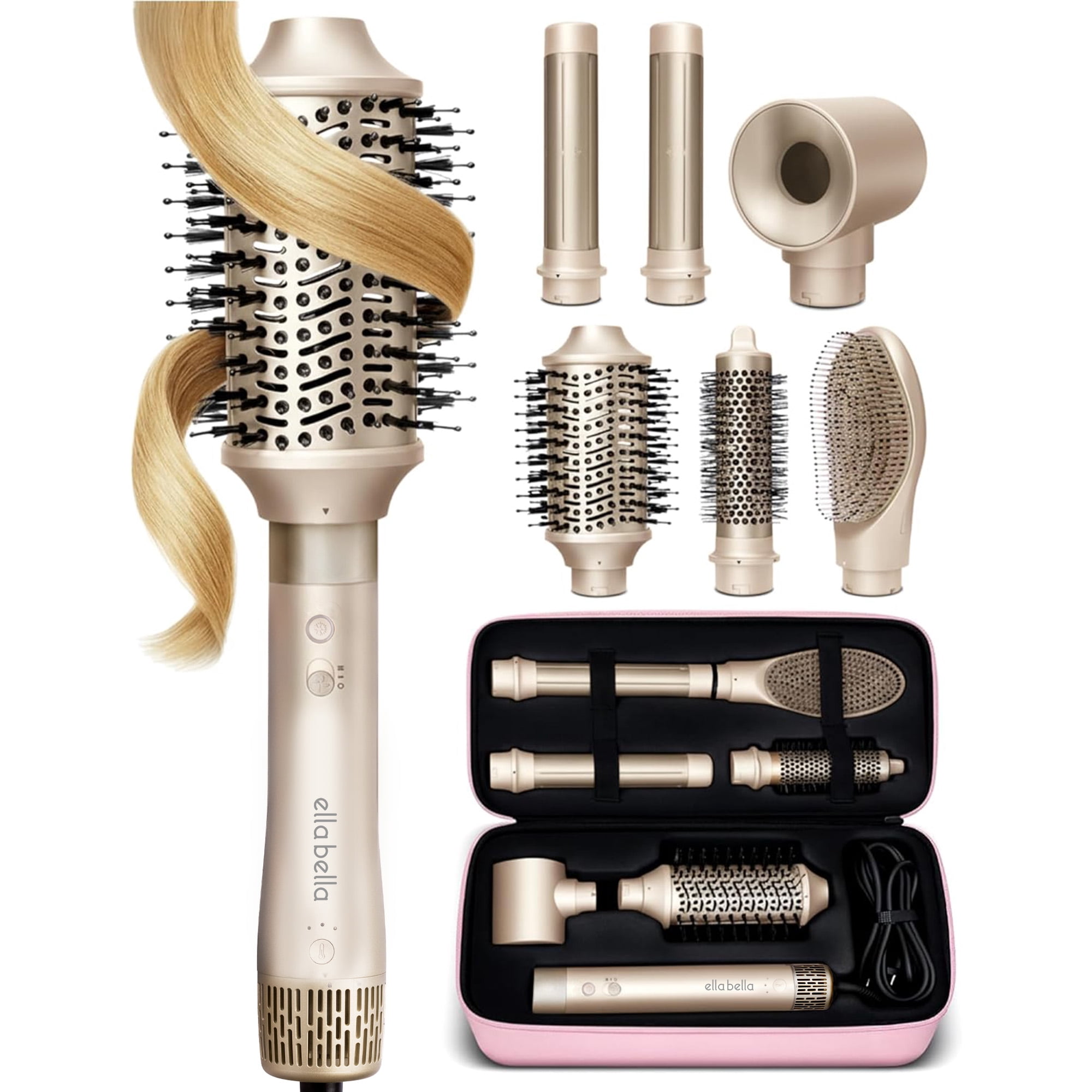 ELLA BELLA® 6 in 1 Professional Hot Air Styler • Powerful Hair Dryer & Straightener Set • Fast Drying Curling Volumizing Straightening Styling • Includes Protective Travel Case (Champagne)