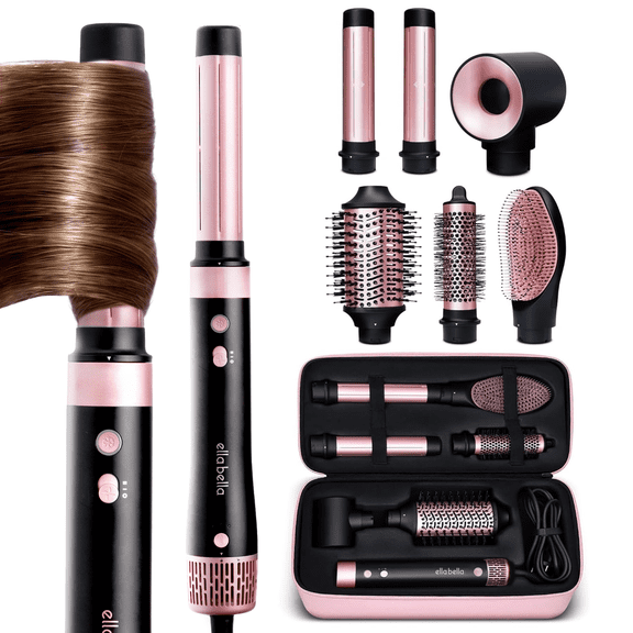 ELLA BELLA® 6 in 1 Professional Hot Air Styler • Powerful Hair Dryer & Straightener Set • Fast Drying Curling Volumizing Straightening Styling • Includes Protective Travel Case (Black & Rose Gold)