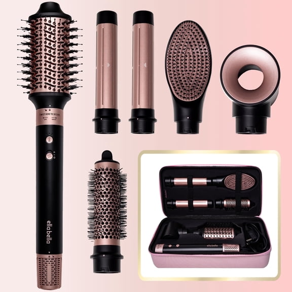 ELLA BELLA® 6 in 1 Professional Hot Air Styler • Powerful Hair Dryer & Straightener Set • Fast Drying Curling Volumizing Straightening Styling • Includes Protective Travel Case (Black & Rose Gold)