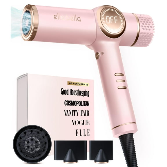 ELLA BELLA® Professional Ionic Hair Dryer with Diffuser, Negative Ion Blow Dryer, Suitable All Hair Types • Intelligent Heat Control & Rapid Drying Speeds • Lightweight Design & Low Noise (Pink)