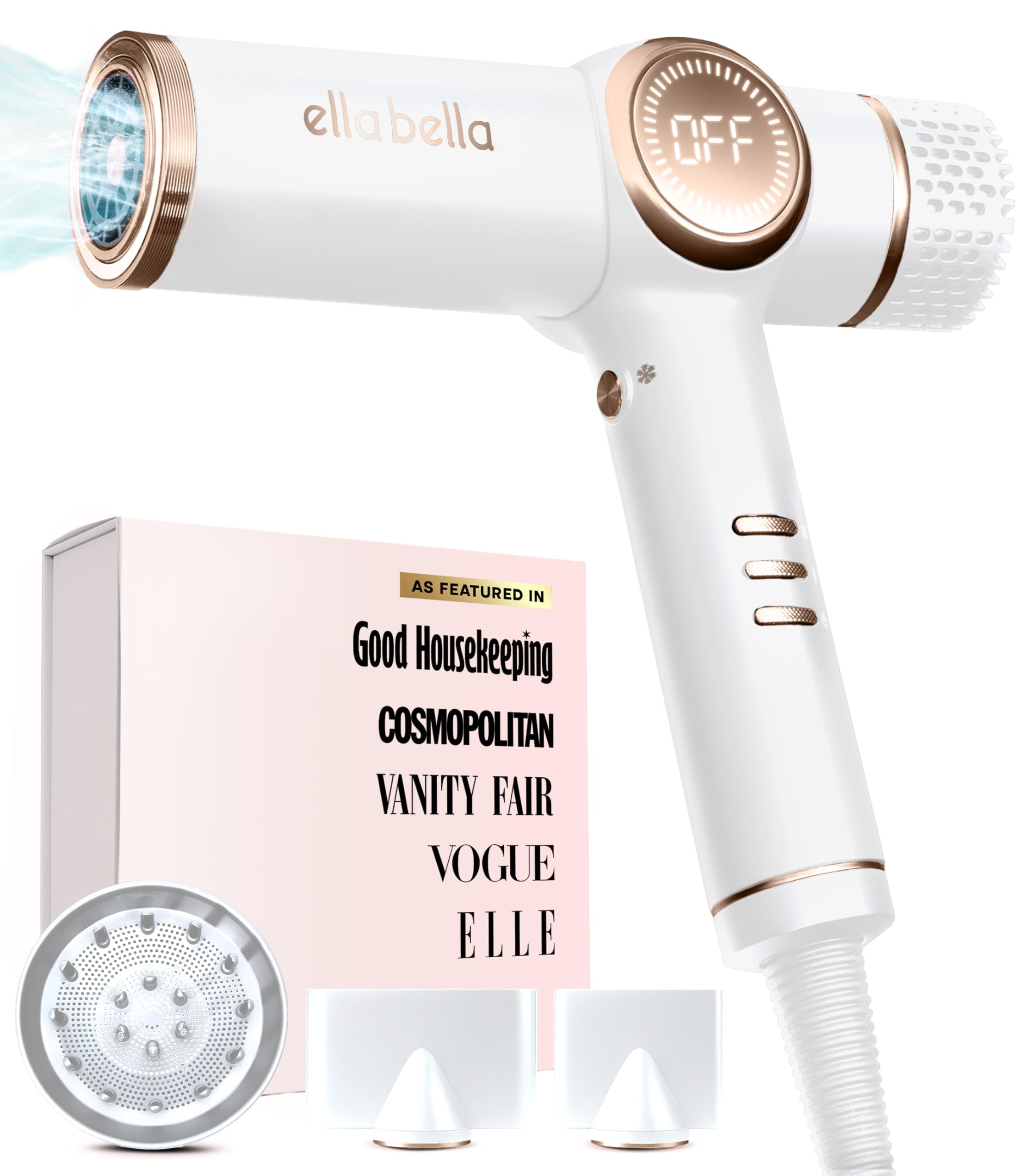 ELLA BELLA® Professional Ionic Hair Dryer with Diffuser, Negative Ion Blow Dryer, Suitable All Hair Types • Intelligent Heat Control & Rapid Drying Speeds • Lightweight Design & Low Noise (White)