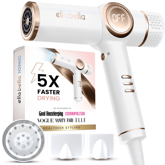 ELLA BELLA® Professional Ionic Hair Dryer with Diffuser, Negative Ion Blow Dryer, Suitable All Hair Types • Intelligent Heat Control & Rapid Drying Speeds • Lightweight Design & Low Noise (White)