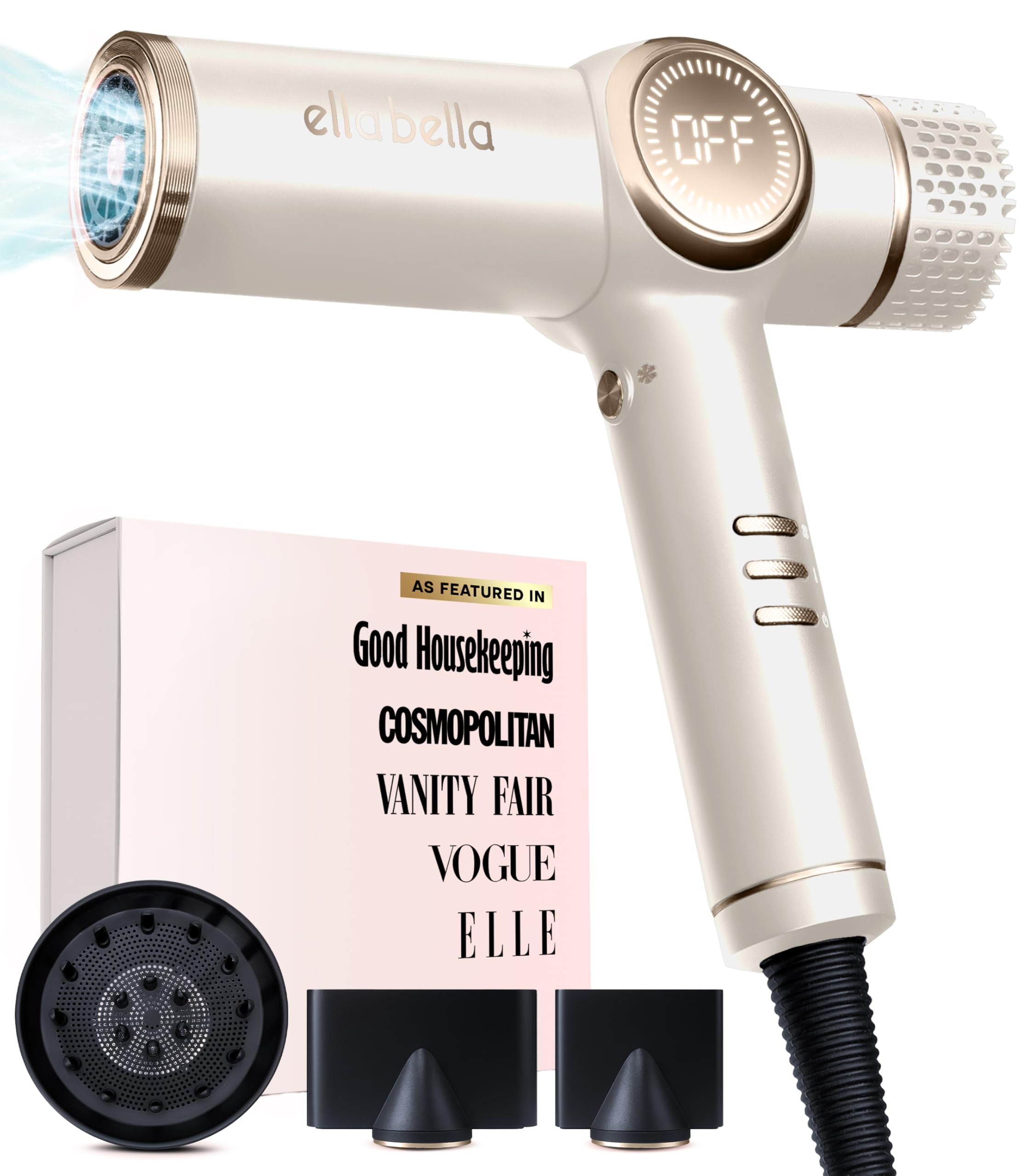 ELLA BELLA® Professional Ionic Hair Dryer with Diffuser, Negative Ion Blow Dryer, Suitable All Hair Types • Intelligent Heat Control & Rapid Drying Speeds • Lightweight Design & Low Noise (Champagne)