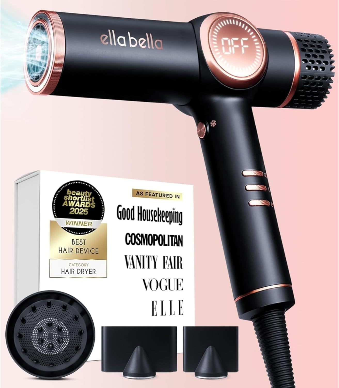 ELLA BELLA® Professional Ionic Hair Dryer with Diffuser, Negative Ion Blow Dryer, Suitable All Hair Types • Intelligent Heat Control & Rapid Drying Speeds • Lightweight Design & Low Noise (Black)
