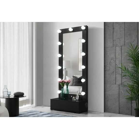 ELLA BLACK NARROW TALL MIRROR WITH DRAWER AND SPEAKER