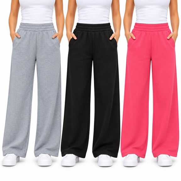ELLA IN PINK Girl Sweatpants - 3 Pack Active Performance Girls Wide Leg Sweatpants (5-16)