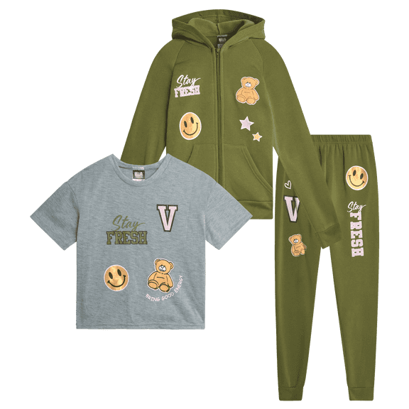 ELLA IN PINK Girls Sweatsuit Set - 3 Piece Fleece Hoodie Graphic Tees and Jogger Sweatpants (7-16)