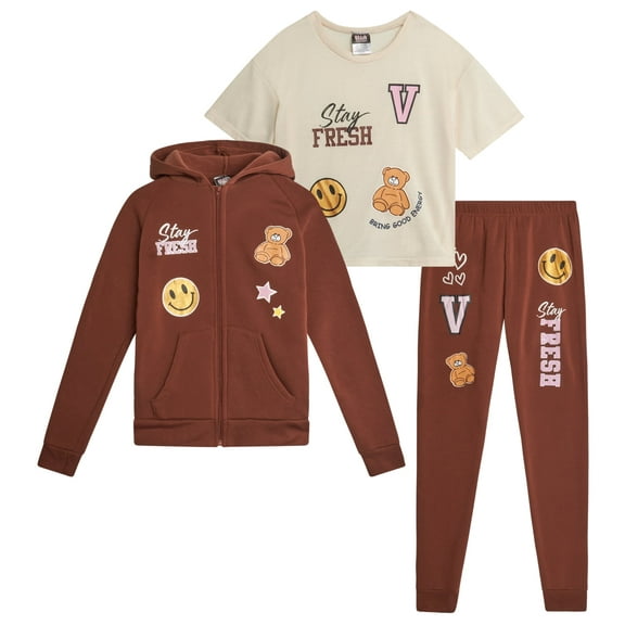 ELLA IN PINK Girls Pants Set - 3 Piece Fleece Girls Zip Up Hoodie, Tee & Jogger Sweatpants (7-16)
