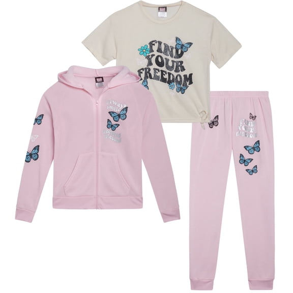ELLA IN PINK Girls Sweatsuit Set - 3 Piece Fleece Hoodie Graphic Tees and Jogger Sweatpants (7-16)