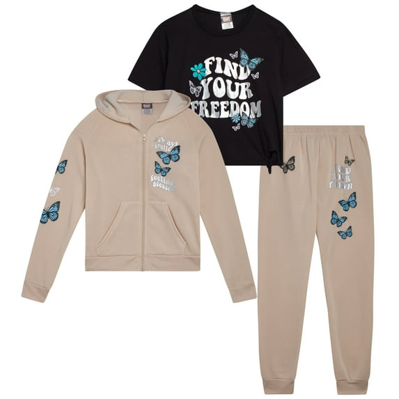 ELLA IN PINK Girls Sweatsuit Set - 3 Piece Fleece Hoodie Graphic Tees and Jogger Sweatpants (7-16)